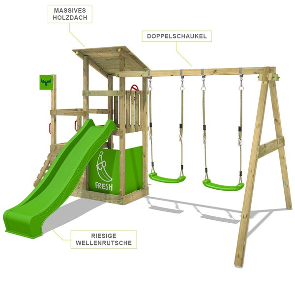 FATMOOSE Spielturm Klettergerüst FruityForest mit Schaukel und Rutsche, Kletterturm mit Sandkasten, Leiter und Spiel-Zubehör - apfelgrün