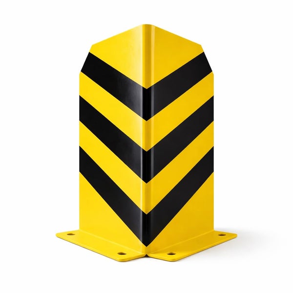 Eckschutz und Rammschutz aus Stahl mit gelb-schwarzer Warnmarkierung und Bodenplatte zum Verschrauben.