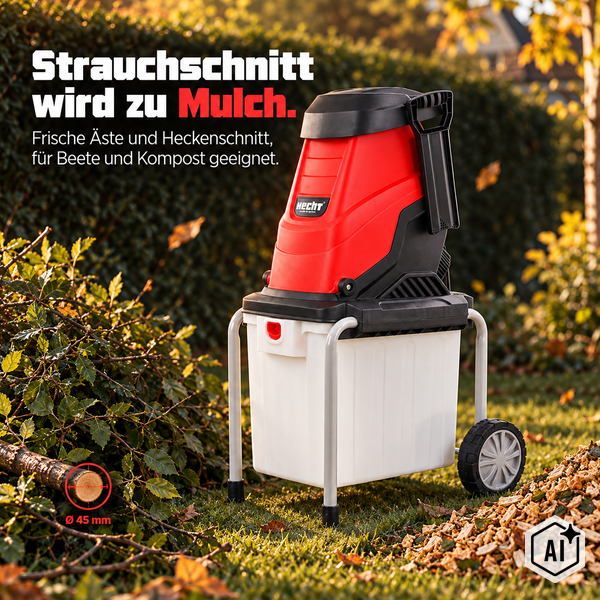 Hecht Gartenhäcksler mit Auffangbehälter für Strauchschnitt und Äste bis 45 Millimeter Durchmesser im Garten.