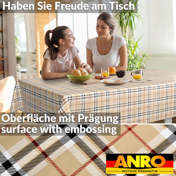 Abwaschbare Tischdecke mit Karomuster und geprägter Oberfläche, Szene mit Mutter und Kind am Esstisch, ANRO Logo.