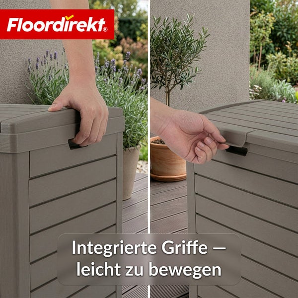Detailansicht einer Kunststoff-Gartenbox mit integrierten Griffen für leichten Transport