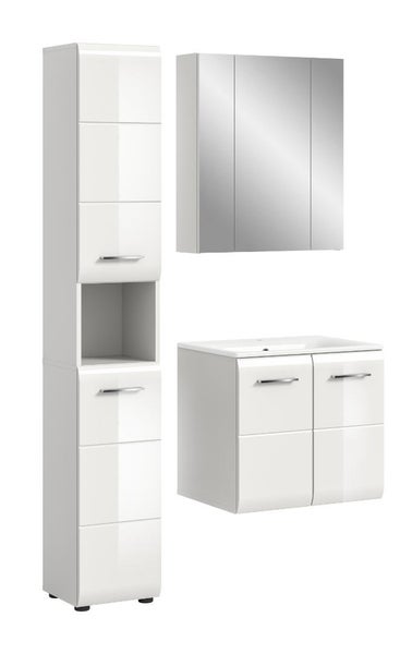 Dreiteiliges Badezimmermöbel-Set in Weiß, bestehend aus Hochschrank, Spiegelschrank und Waschbeckenunterschrank mit Waschbecken.