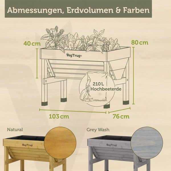VegTrug Hochbeet: 103 mal 76 mal 80 Zentimeter. Tiefe 40 Zentimeter. 210 Liter Erde. Farben Natur und Grau. VegTrug Logo.