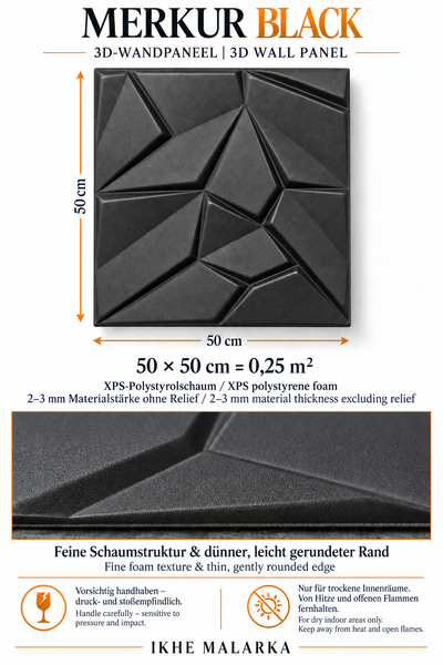 3D Wandpaneel Merkur aus XPS Polystyrolschaum mit geometrischem Relief, Maße 50 mal 50 Zentimeter, für trockene Innenräume, empfindlich gegen Stöße.