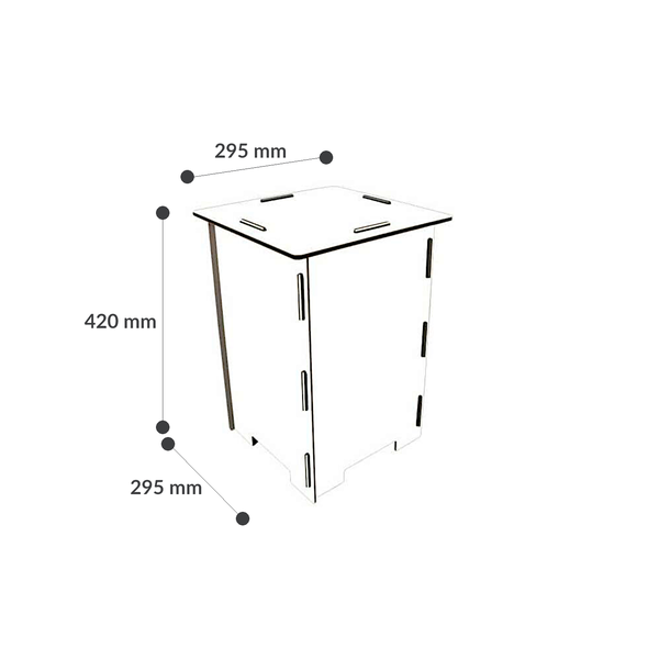 Quadratischer Beistelltisch aus Holz zum Stecken mit Maßen 295 mal 295 mal 420 Millimeter