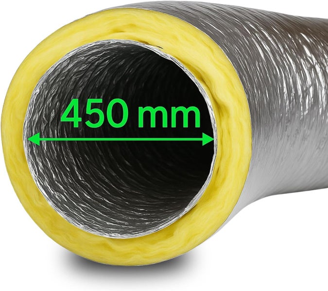 Isolierter flexibler Aluminiumschlauch für Lüftungssysteme mit Mineralwolle-Dämmung und Aluminium-Außenhülle.