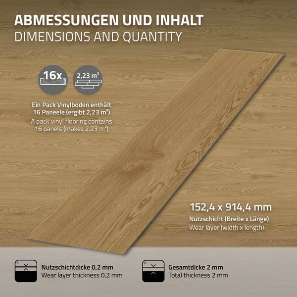 Infografik zu Vinylboden mit 16 Paneelen, 2,23 Quadratmeter Packungsinhalt, Paneelmaß 152,4 mal 914,4 Millimeter und 2 Millimeter Gesamtdicke.