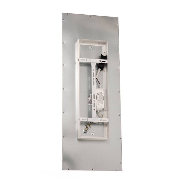 Rückansicht eines rechteckigen LED-Panels mit Metallplatte, zentraler Halterung, Treiber und Anschlusskabeln für die Deckenmontage.