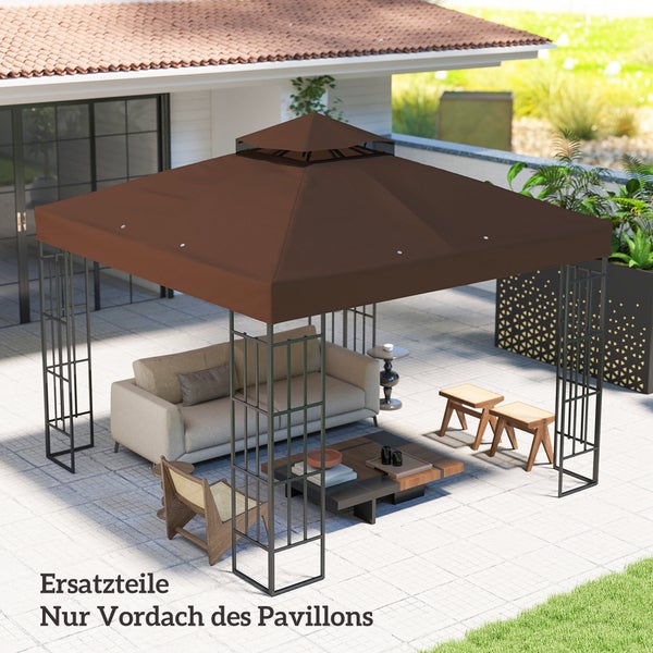 Braunes Ersatzdach für einen Gartenpavillon, montiert auf einem Metallgestell über einer Lounge-Sitzgruppe auf einer Terrasse.