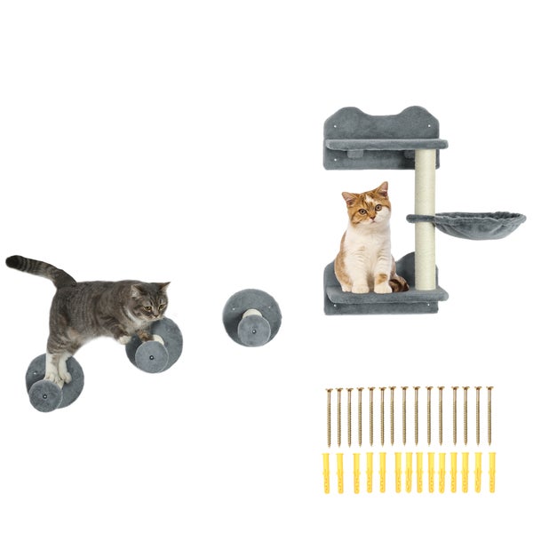 PawHut Katzen Kletterwand, 4-teilig, Katzenkletterwand, inkl. 1 x Sprungturm, 3 x Kratzbäume, Kletterwand Set, Kratzbaum mit Hängematte, Wandliege Katzen, Katzentreppe, Sisal, Grau+Beige