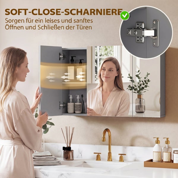 Badezimmer-Spiegelschrank mit Soft-Close-Scharnieren für geräuschloses Schließen. Inklusive Detailansicht des Metallscharniers.