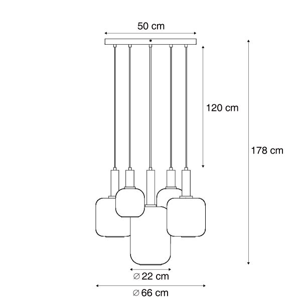 Technische Zeichnung einer Pendelleuchte mit fünf Lampen und Maßangaben