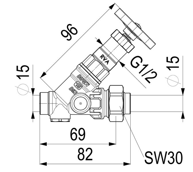 Maßzeichnung eines Schrägsitzventils mit technischen Angaben wie 96, 82 und 69 Millimeter sowie G ein halb Anschluss.