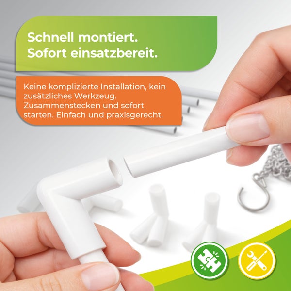 Montage von weißen Kunststoffrohren durch Zusammenstecken ohne Werkzeug, Symbole für einfache Montage und kein Werkzeug erforderlich.