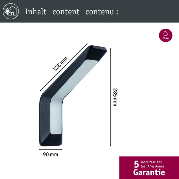 Schwarze Außenwandleuchte mit Diffusor. Maße: 328 Millimeter mal 285 Millimeter mal 90 Millimeter. Spritzwassergeschützt, 5 Jahre Garantie.
