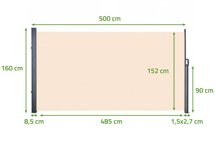 Seitenmarkise mit Maßen: Gesamtbreite 500 Zentimeter, Stoffbreite 485 Zentimeter, Gesamthöhe 160 Zentimeter, Stoffhöhe 152 Zentimeter.