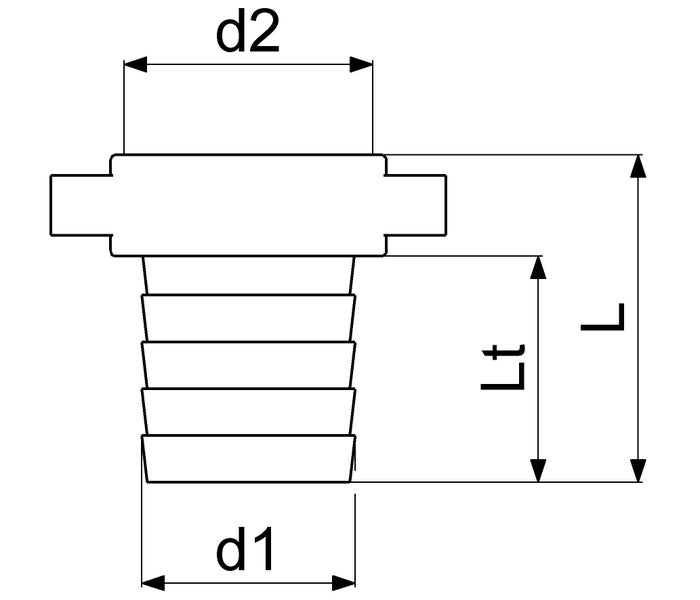 Technische Zeichnung eines Schlauchverbinders mit Maßangaben für Durchmesser und Länge.