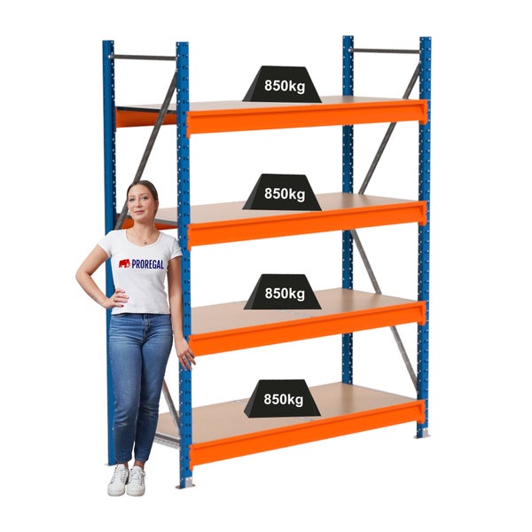 Blaues und oranges Schwerlastregal mit vier Regalböden, Traglast 850 Kilogramm pro Ebene