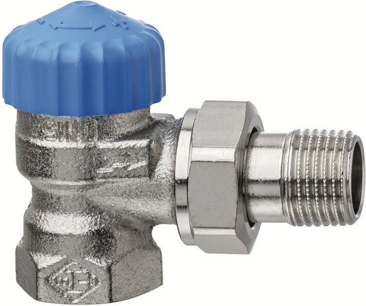 Heizkörper-Thermostatventil in Eckform aus vernickeltem Metall mit blauer Schutzkappe.