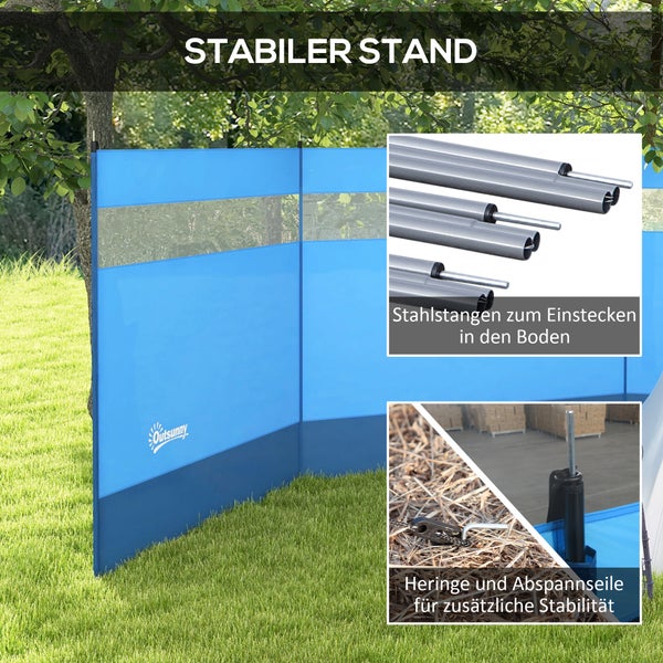 Outsunny Windschutz faltbar Camping Sichtschutz mit Lichtquellenfenster Heringen Seilen Windfang Zaun Strandwindschutz Strandschutz für Camping Garten, Strand, Terrasse 440 x 140 cm Blau