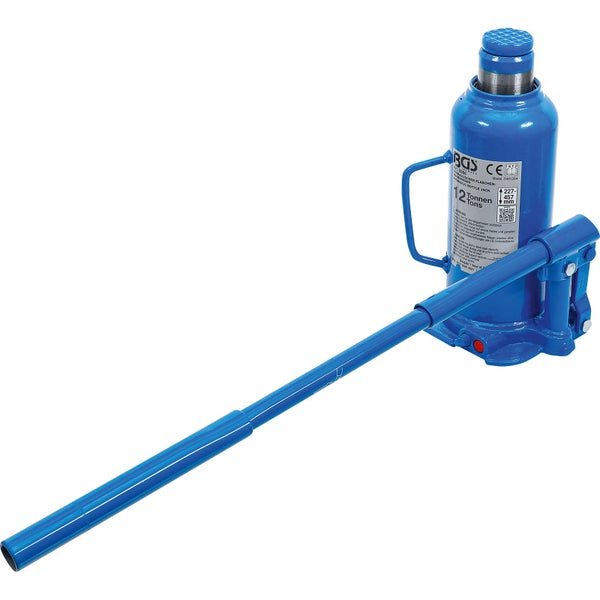 Hydraulischer Flaschenwagenheber mit 12 Tonnen Tragkraft, blau, inklusive Pumpstange.