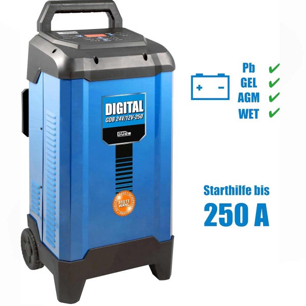 Güde Batterieladegerät mit Starthilfefunktion für Blei Gel AGM und Nassbatterien bis 250 Ampere