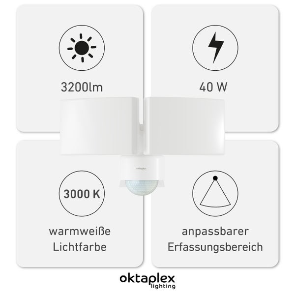 Oktaplex LED Außenstrahler mit Bewegungsmelder 3000K Warmweiß IP65 weiß 40W