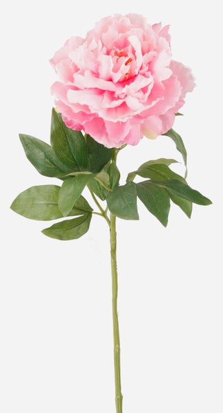 Künstliche Pfingstrose in Rosa mit grünem Stiel und Blättern.
