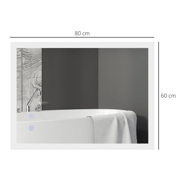 kleankin Badspiegel, Badezimmerspiegel mit LED-Beleuchtung, Lichtspiegel mit Touchschalter, Memory-Funktion, 80 x 60 cm beschlagfreier Wandspiegel mit 3 Lichtfarben, IP44 Wasserdicht