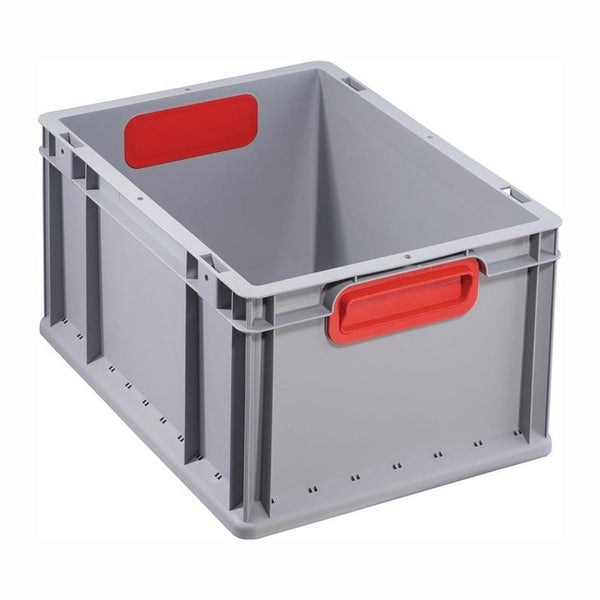 Graue Eurobox aus Kunststoff mit roten Griffen.