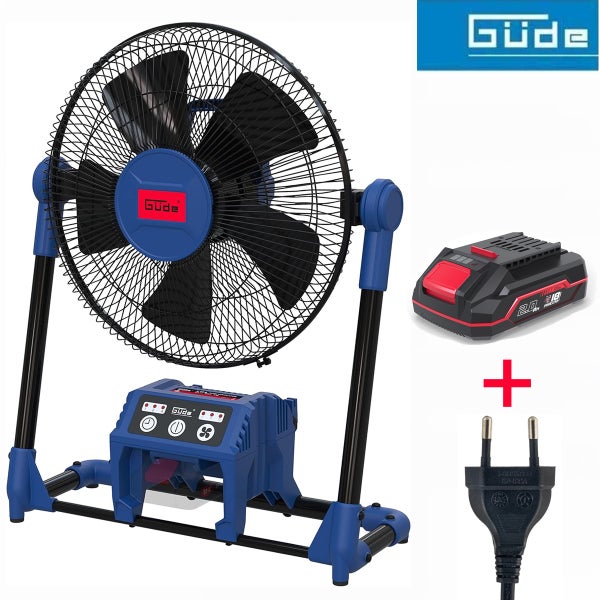 Güde Akku-Bodenventilator inklusive 18 Volt Akku und Netzstecker, verstellbarer Neigungswinkel und drei Geschwindigkeitsstufen.