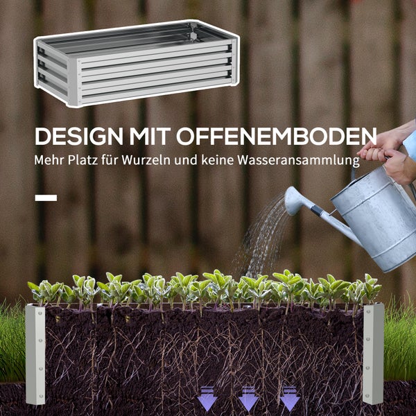 Outsunny Hochbeet Stahl, Pflanzkasten, Rostfrei Blumenkasten, Gemüsebeet mit Offenem Boden, Kräuterbeet für Garten, Balkon, Silber, 120 x 60 x 30,5 cm