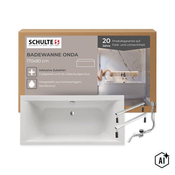 Schulte Badewanne Onda 170x80 cm aus Sanitäracryl inklusive Fußgestell und Ab- und Überlaufgarnitur in Verpackung