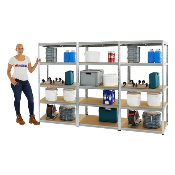 PROREGAL Mega Deal 3x Schwerlastregal Slim Elephant M HxBxT 180 x 90 x 60 cm 5 Ebenen Fachlast 350 kg Verzinkt