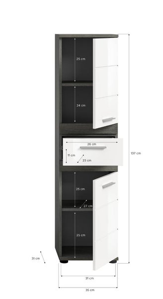Midischrank für das Badezimmer mit zwei Türen und einer Schublade inklusive Maßangaben. Höhe 137 Zentimeter, Breite 35 Zentimeter.