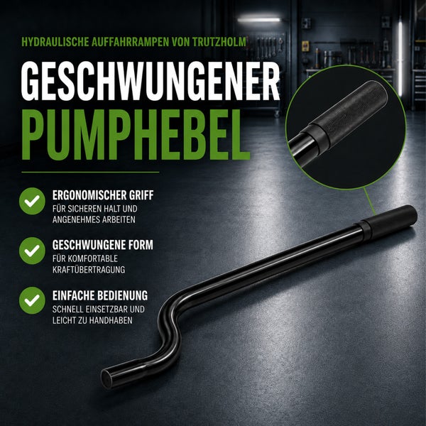 Geschwungener Pumphebel für hydraulische Auffahrrampen von Trutzholm mit ergonomischem Griff für einfache Bedienung.