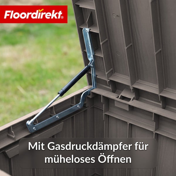 Detailaufnahme einer Gartenbox mit Gasdruckdämpfer für leichtes Öffnen