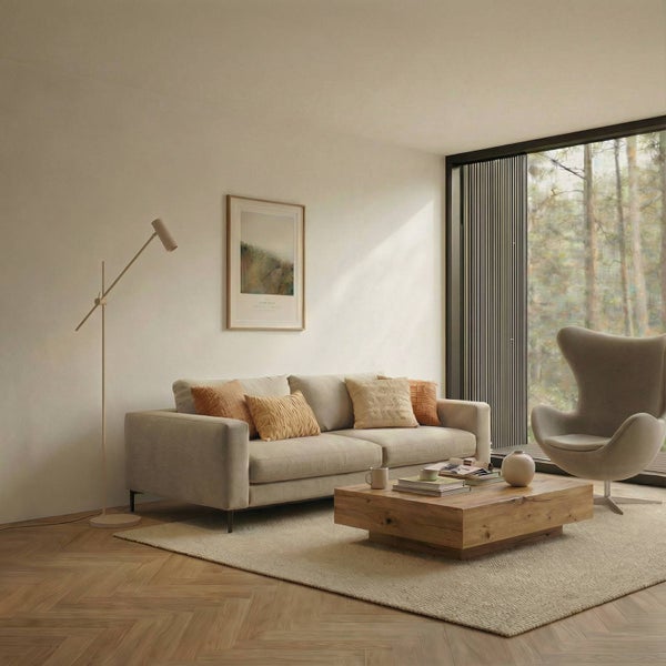 Wohnzimmer mit Sofa, Sessel, Couchtisch, Stehlampe, Teppich und Bild an der Wand