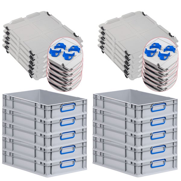 PROREGAL Spar Set 10x Eurobox Nextgen Color Mit Auflagedeckel & Schiebeschnappverschlüsse HxBxT 12 x 40 x 60 cm Griffe Blau Geschlossen Glatter Boden