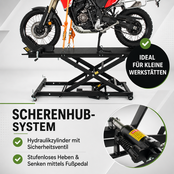 Hydraulisches Motorrad Scherenhubsystem mit Sicherheitsventil und Fußpedal, ideal für kleine Werkstätten.