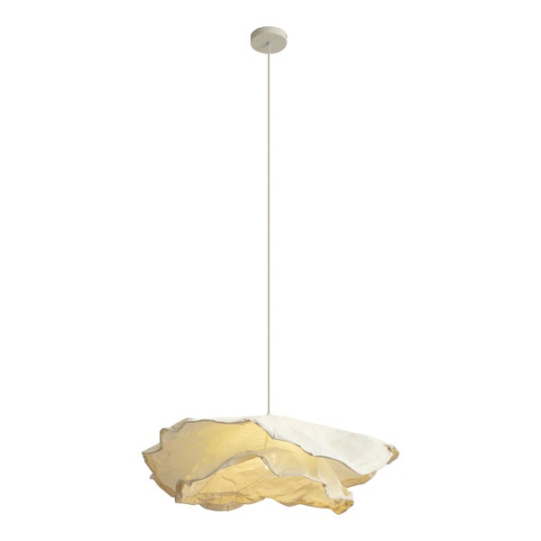 Moderne Pendelleuchte mit wellenförmigem Lampenschirm in organischer Optik inklusive Deckenhalterung und Kabel.