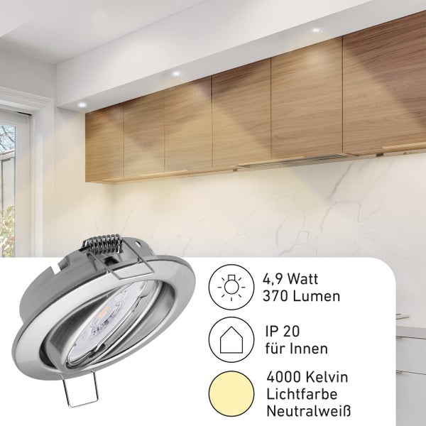 LED Einbaustrahler für den Innenbereich mit 4,9 Watt, 370 Lumen und neutralweißer Lichtfarbe von 4000 Kelvin, IP20 Schutzart.
