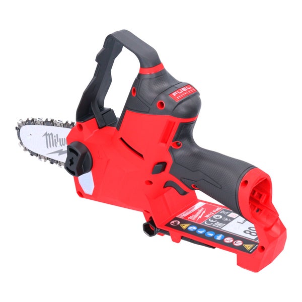 Kompakte Akku-Astsäge mit kurzem Schwert und ergonomischem Handgriff.