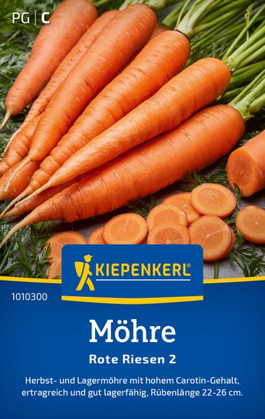Kiepenkerl Samen Möhre Rote Riesen 2 mit erntefrischen Möhren und geschnittenen Scheiben