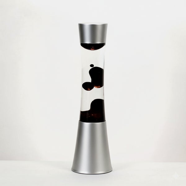 Dekorative Lavalampe mit silberfarbenem Sockel und schwarzem Wachs