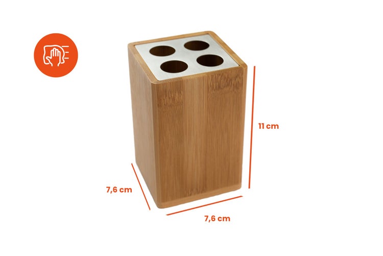 Zahnbürstenhalter aus Bambus mit Edelstahldeckel für 4 Zahnbürsten, Maße 11 mal 7,6 mal 7,6 Zentimeter, Symbol für einfache Reinigung.