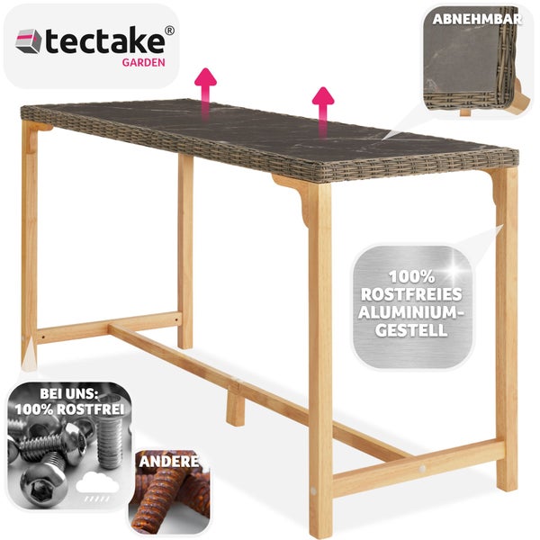 Rattan Tisch tectake Lovas 161 x 64,5 x 99,5 cm mit Aluminium- und Holzgestell natur