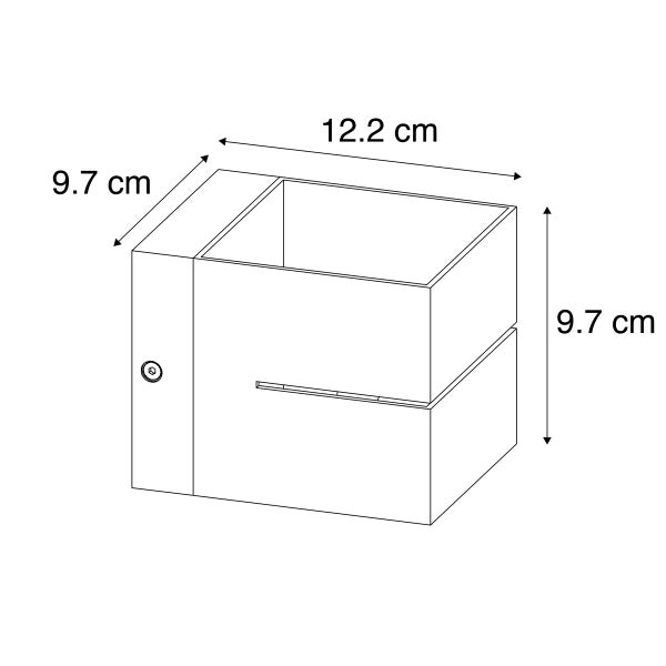 Dimensionsdarstellung einer Wandleuchte mit 12,2 cm Breite und 9,7 cm Höhe und Tiefe