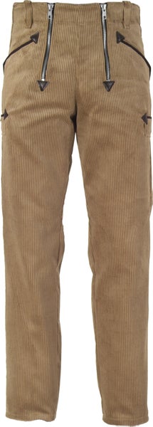 Zunfthose aus Trenkercord mit Doppel-Reißverschluss und Leder-Verstärkungen an den Taschen.