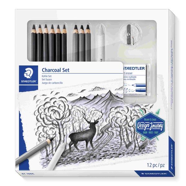 Staedtler Kohleset Design Journey 12-teilig mit Kohlestiften, Papierwischer, Knetradierer und Anspitzer für künstlerisches Zeichnen.